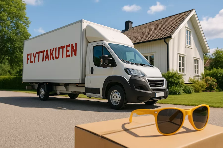 Flyttbil och solglasögon – symbol för flytt under semestertider
