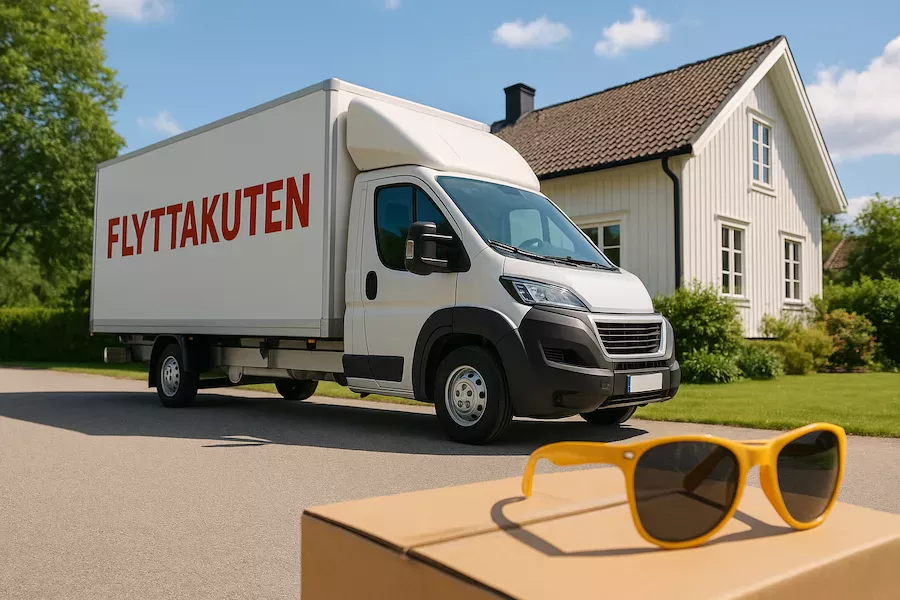Flyttbil och solglasögon – symbol för flytt under semestertider